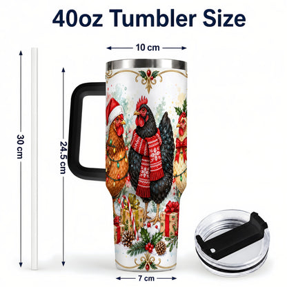 #pl[40oz|Black] Watercolor Christmas Chickens 40oz Tumbler with Handle, Holiday Hens