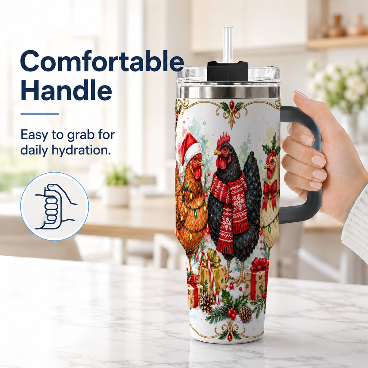 #pl[40oz|Black] Watercolor Christmas Chickens 40oz Tumbler with Handle, Holiday Hens