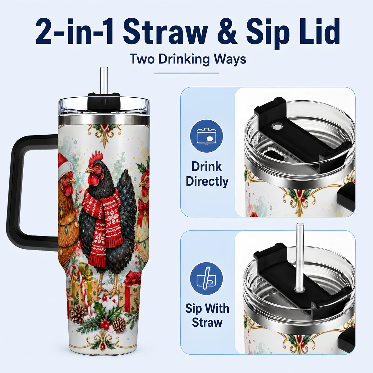 #pl[40oz|Black] Watercolor Christmas Chickens 40oz Tumbler with Handle, Holiday Hens