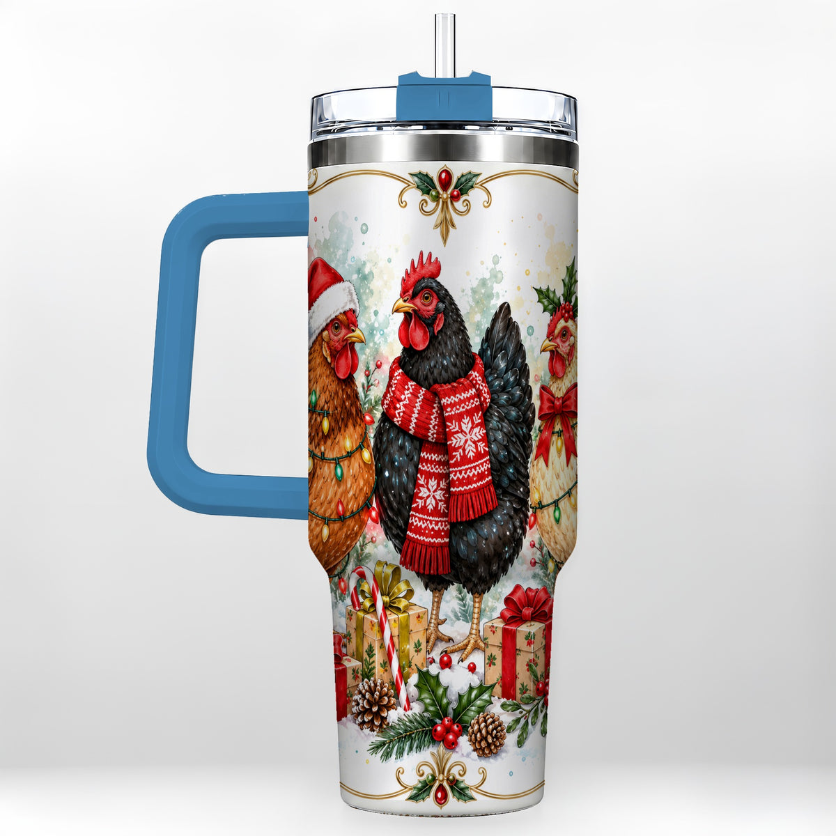 #pl[40oz|Blue] Watercolor Christmas Chickens 40oz Tumbler with Handle, Holiday Hens