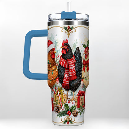 #pl[40oz|Blue] Watercolor Christmas Chickens 40oz Tumbler with Handle, Holiday Hens