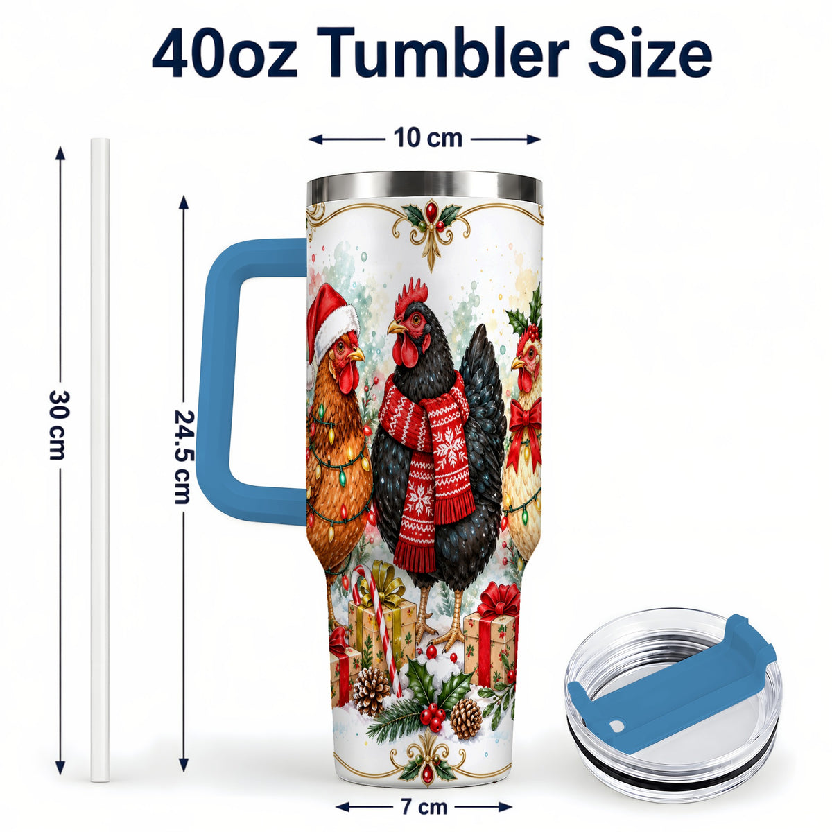#pl[40oz|Blue] Watercolor Christmas Chickens 40oz Tumbler with Handle, Holiday Hens
