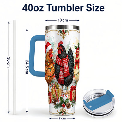 #pl[40oz|Blue] Watercolor Christmas Chickens 40oz Tumbler with Handle, Holiday Hens