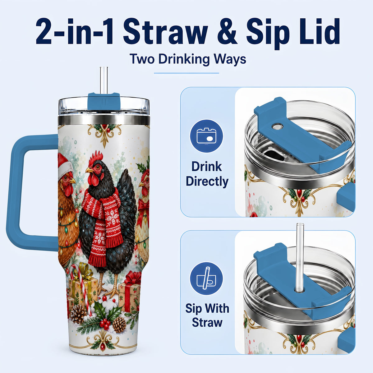 #pl[40oz|Blue] Watercolor Christmas Chickens 40oz Tumbler with Handle, Holiday Hens