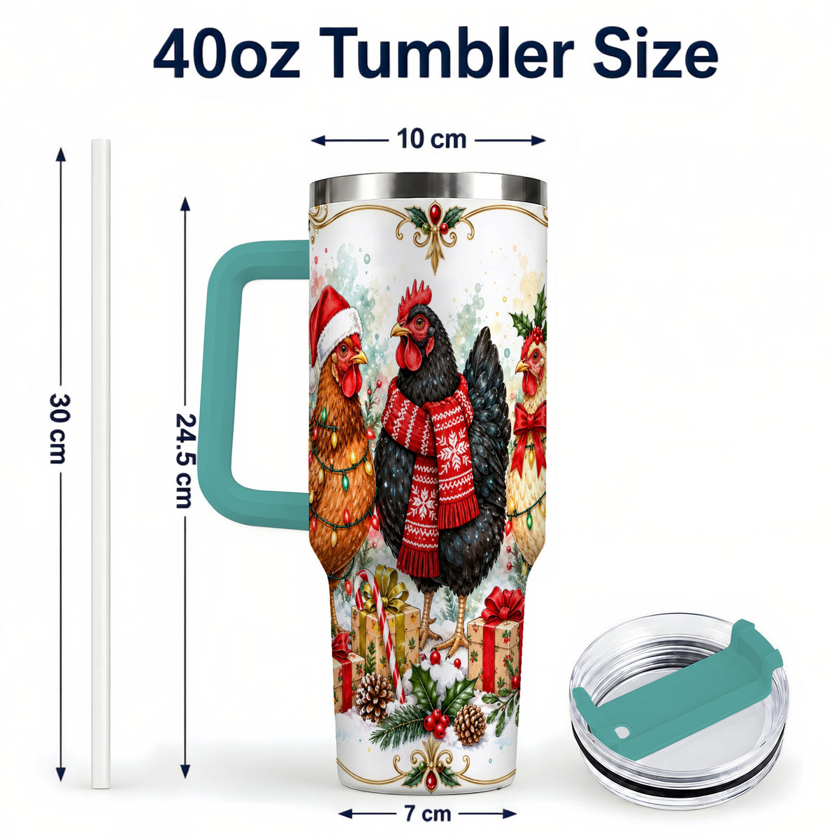 #pl[40oz|Green] Watercolor Christmas Chickens 40oz Tumbler with Handle, Holiday Hens