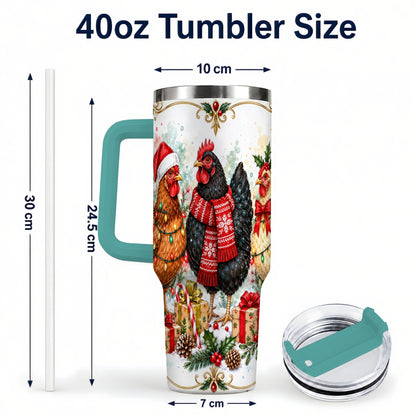 #pl[40oz|Green] Watercolor Christmas Chickens 40oz Tumbler with Handle, Holiday Hens