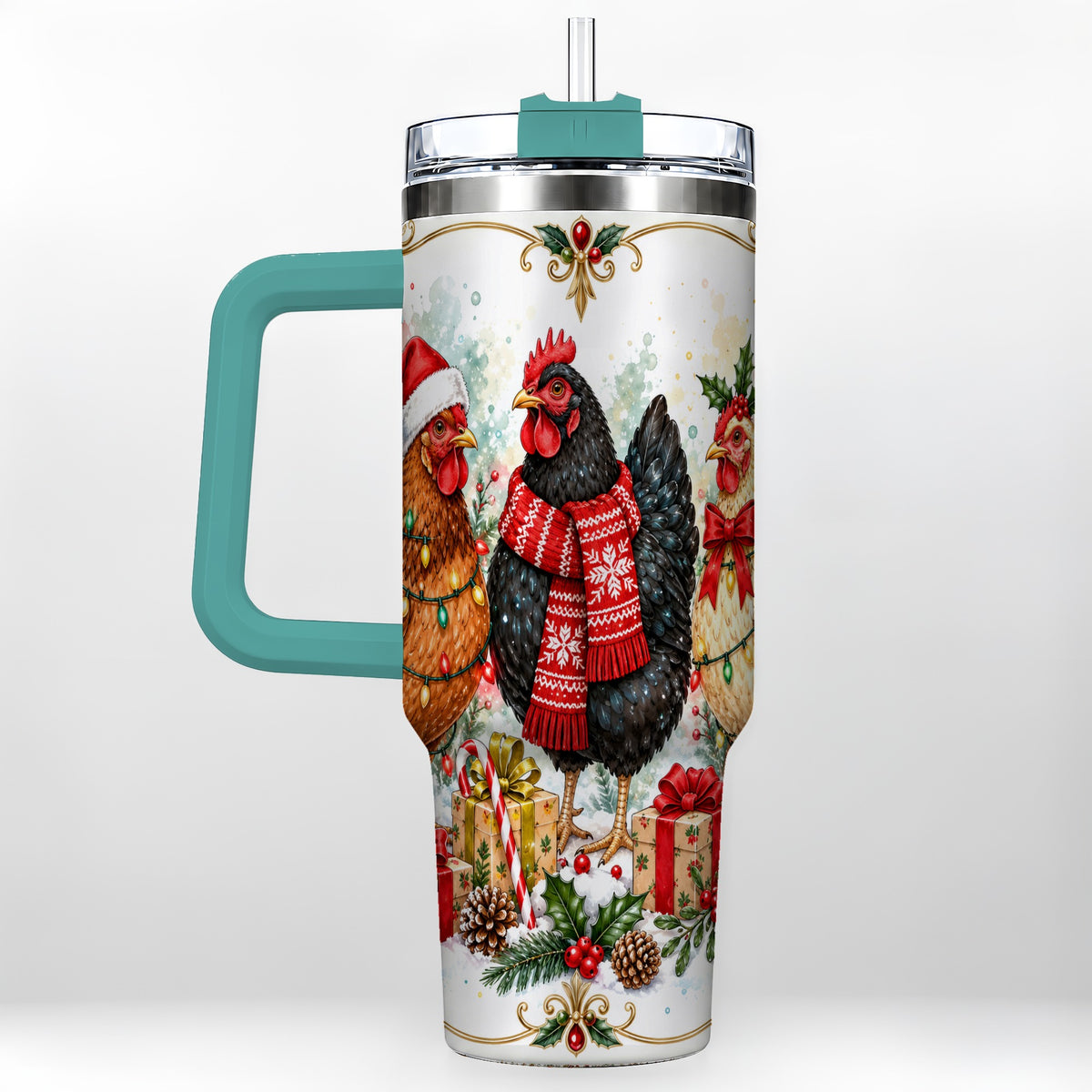 #pl[40oz|Green] Watercolor Christmas Chickens 40oz Tumbler with Handle, Holiday Hens