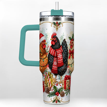 #pl[40oz|Green] Watercolor Christmas Chickens 40oz Tumbler with Handle, Holiday Hens