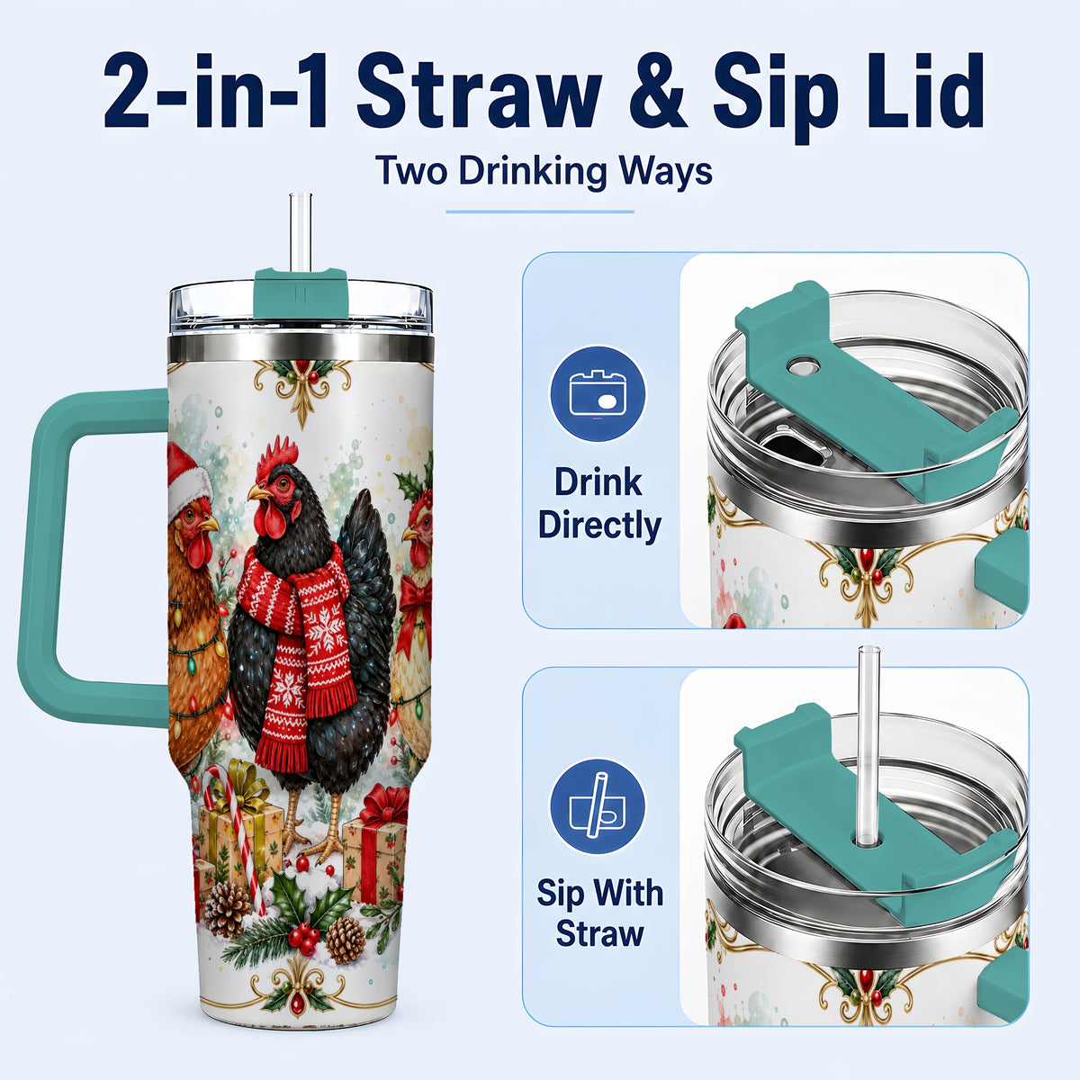 #pl[40oz|Green] Watercolor Christmas Chickens 40oz Tumbler with Handle, Holiday Hens