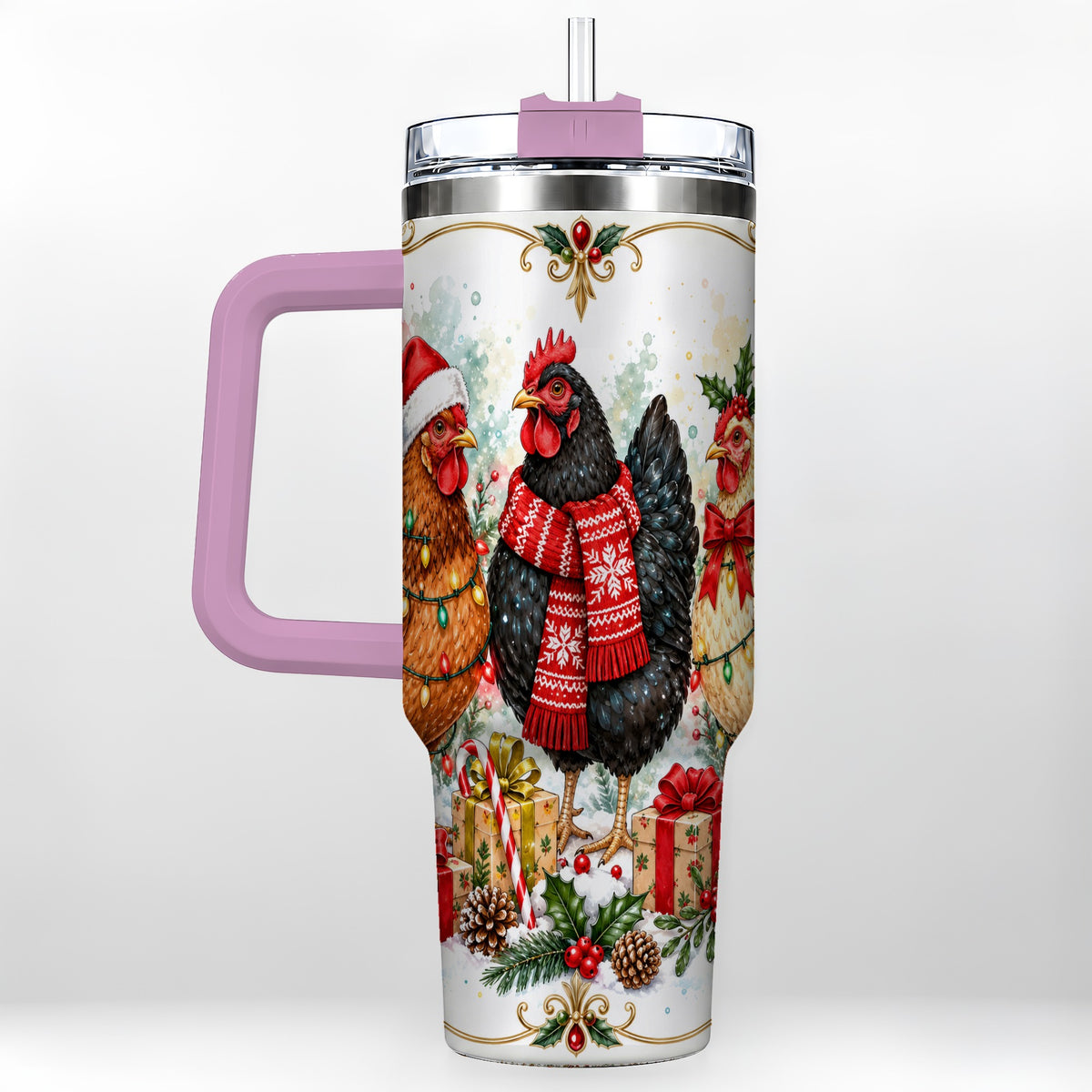 #pl[40oz|Pink] Watercolor Christmas Chickens 40oz Tumbler with Handle, Holiday Hens