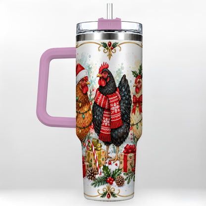 #pl[40oz|Pink] Watercolor Christmas Chickens 40oz Tumbler with Handle, Holiday Hens
