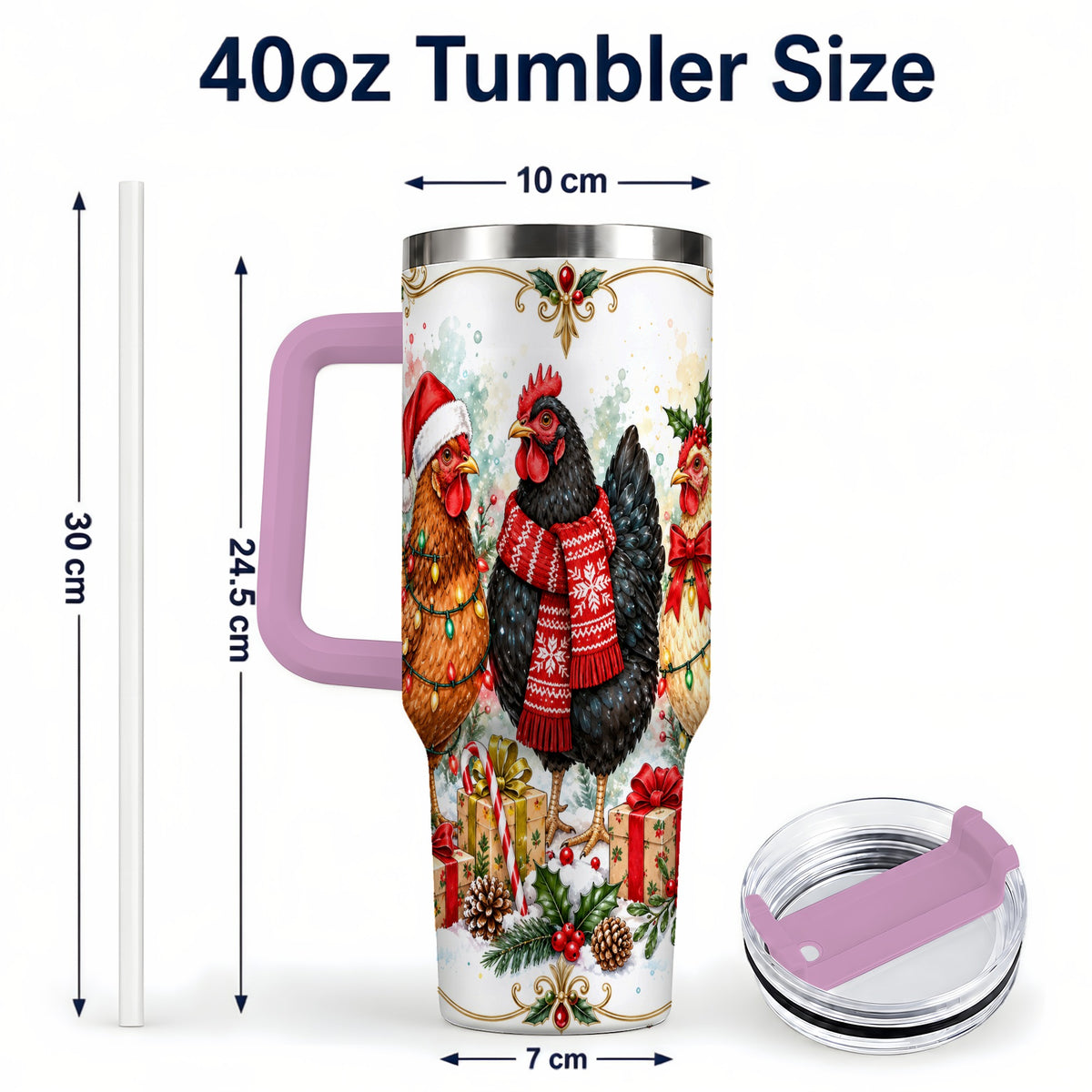 #pl[40oz|Pink] Watercolor Christmas Chickens 40oz Tumbler with Handle, Holiday Hens