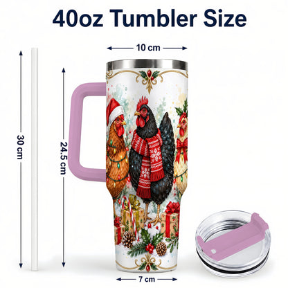 #pl[40oz|Pink] Watercolor Christmas Chickens 40oz Tumbler with Handle, Holiday Hens