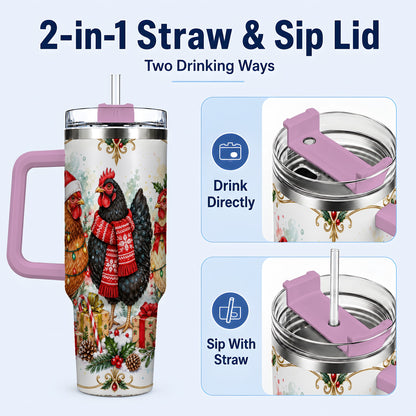#pl[40oz|Pink] Watercolor Christmas Chickens 40oz Tumbler with Handle, Holiday Hens
