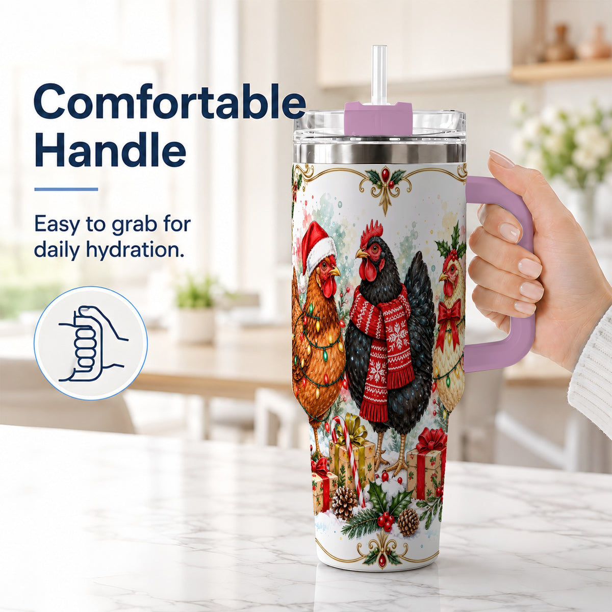 #pl[40oz|Pink] Watercolor Christmas Chickens 40oz Tumbler with Handle, Holiday Hens