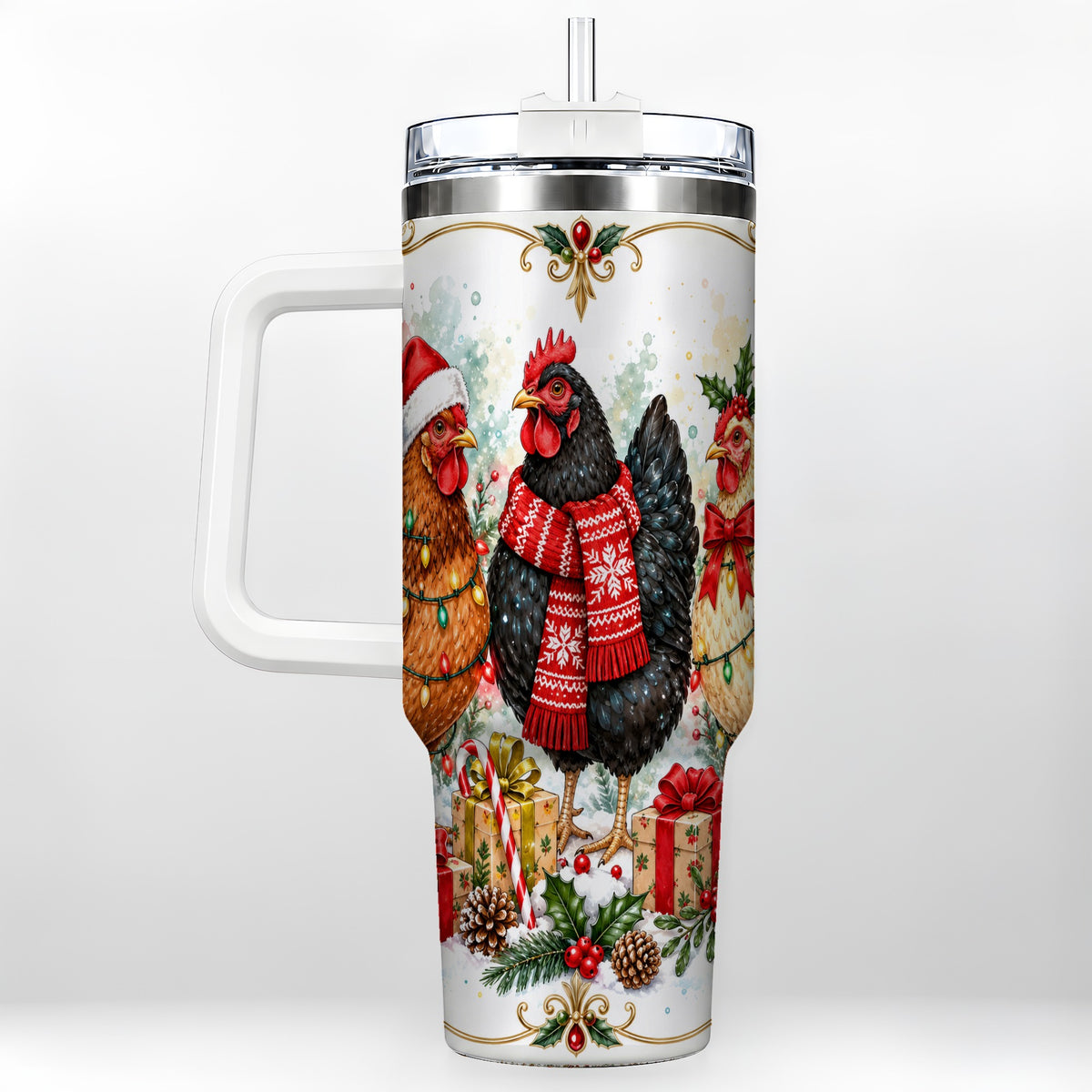 Watercolor Christmas Chickens 40oz Tumbler with Handle, Holiday Hens