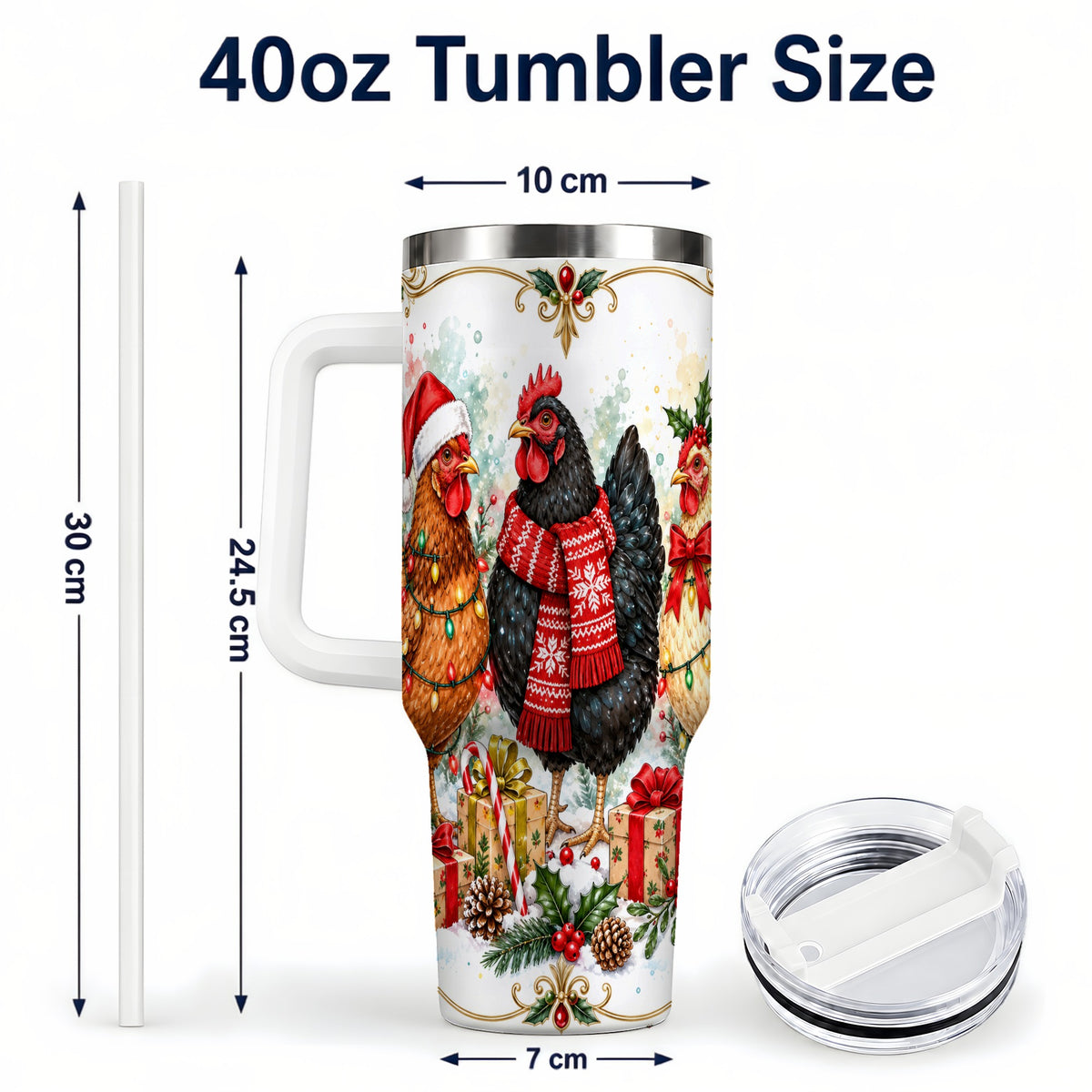 #pl[40oz|White] Watercolor Christmas Chickens 40oz Tumbler with Handle, Holiday Hens