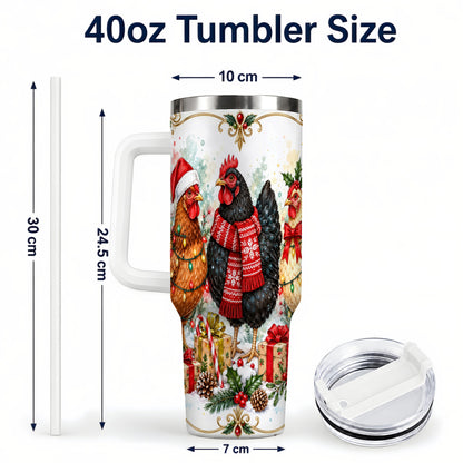 #pl[40oz|White] Watercolor Christmas Chickens 40oz Tumbler with Handle, Holiday Hens