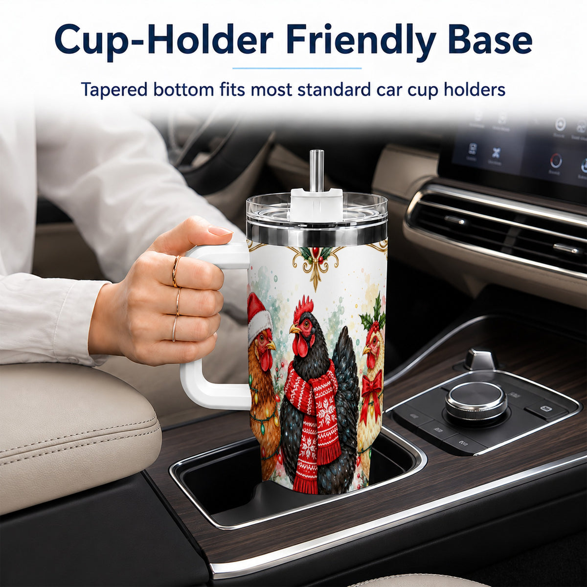 Watercolor Christmas Chickens 40oz Tumbler with Handle, Holiday Hens