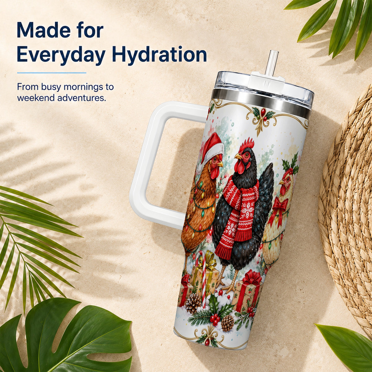 Watercolor Christmas Chickens 40oz Tumbler with Handle, Holiday Hens