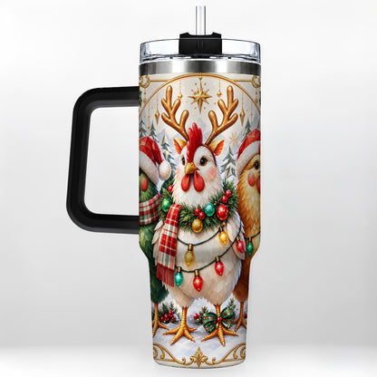 #pl[40oz|Black] Christmas Chickens 40oz Tumbler with Handle, Reindeer Farmhouse Art