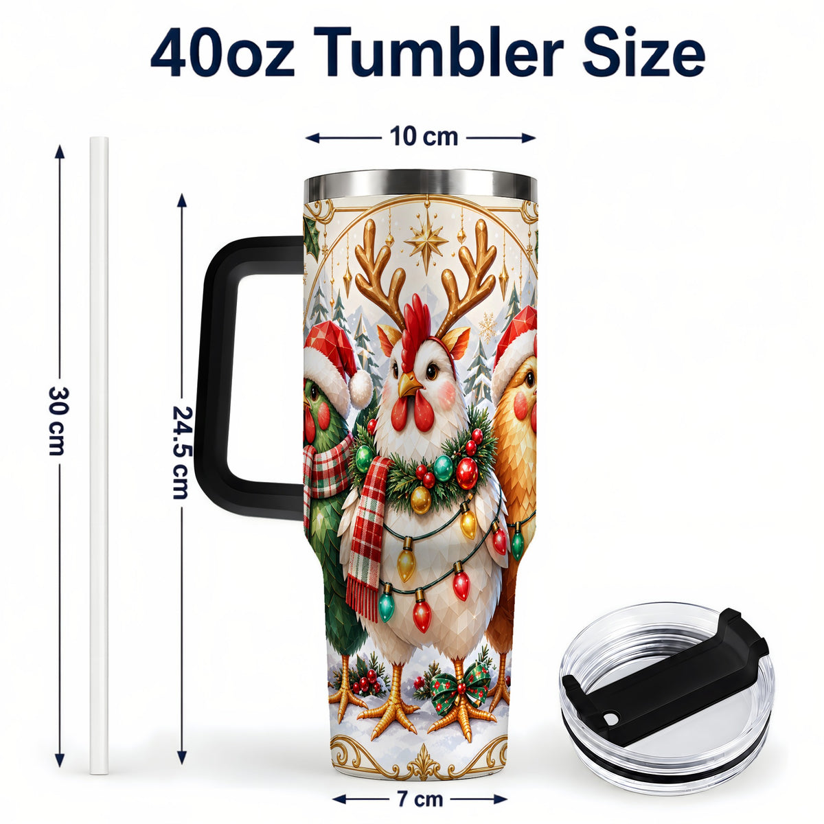 #pl[40oz|Black] Christmas Chickens 40oz Tumbler with Handle, Reindeer Farmhouse Art