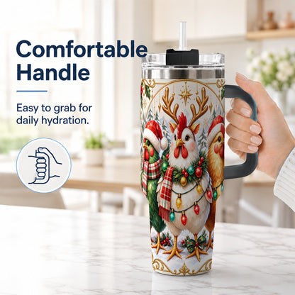#pl[40oz|Black] Christmas Chickens 40oz Tumbler with Handle, Reindeer Farmhouse Art