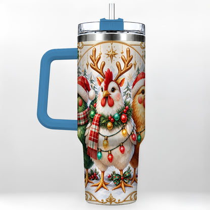 #pl[40oz|Blue] Christmas Chickens 40oz Tumbler with Handle, Reindeer Farmhouse Art