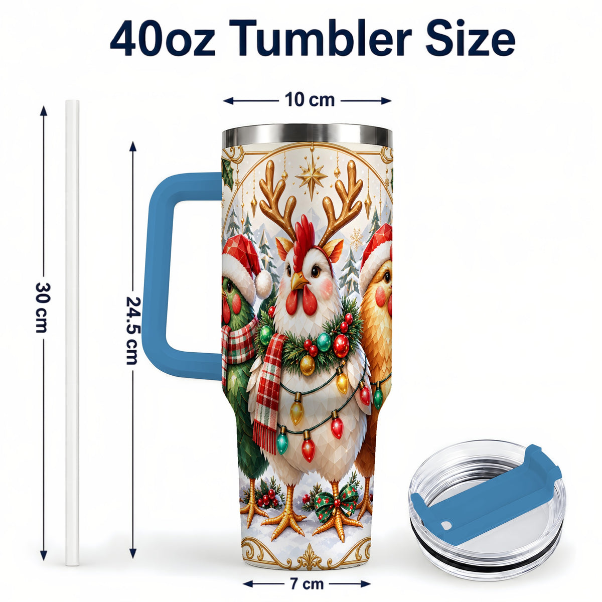 #pl[40oz|Blue] Christmas Chickens 40oz Tumbler with Handle, Reindeer Farmhouse Art
