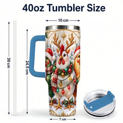 #pl[40oz|Blue] Christmas Chickens 40oz Tumbler with Handle, Reindeer Farmhouse Art
