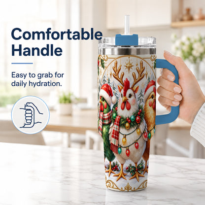 #pl[40oz|Blue] Christmas Chickens 40oz Tumbler with Handle, Reindeer Farmhouse Art