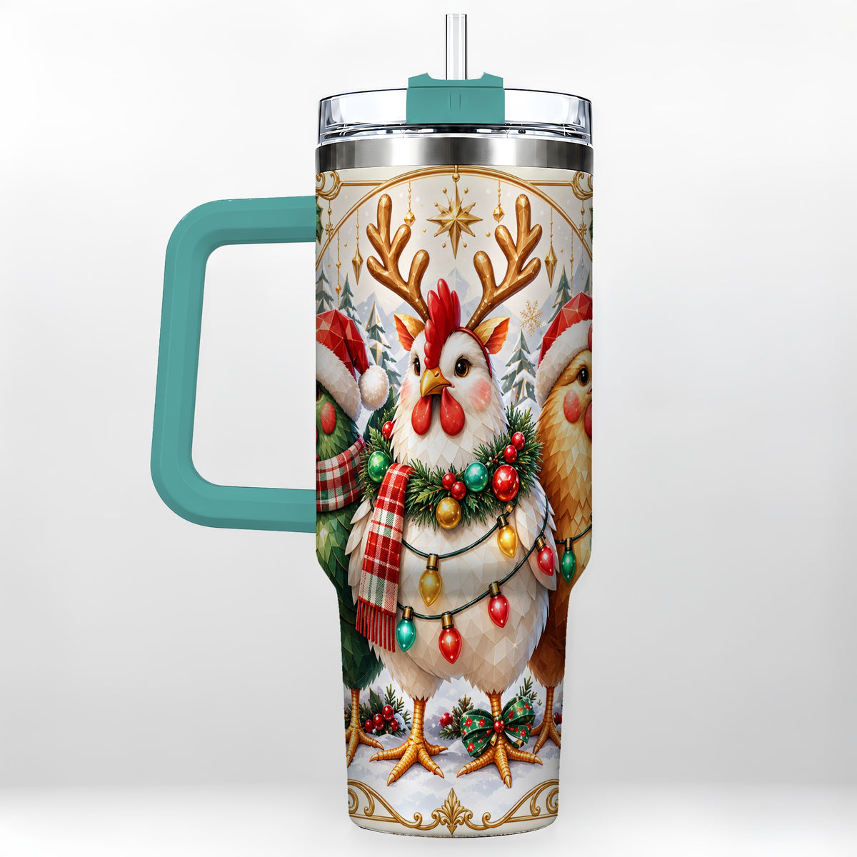 #pl[40oz|Green] Christmas Chickens 40oz Tumbler with Handle, Reindeer Farmhouse Art