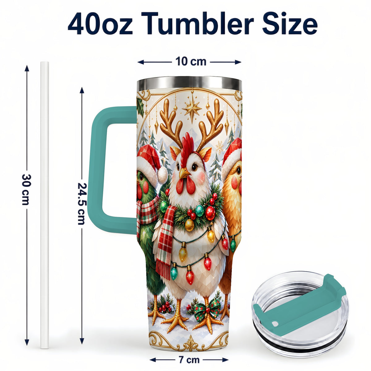 #pl[40oz|Green] Christmas Chickens 40oz Tumbler with Handle, Reindeer Farmhouse Art