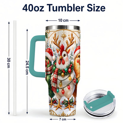 #pl[40oz|Green] Christmas Chickens 40oz Tumbler with Handle, Reindeer Farmhouse Art