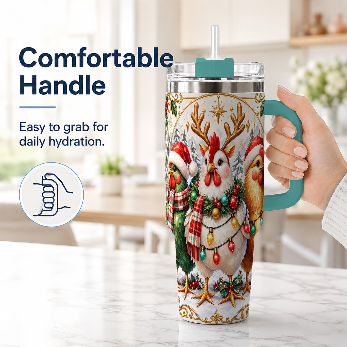 #pl[40oz|Green] Christmas Chickens 40oz Tumbler with Handle, Reindeer Farmhouse Art