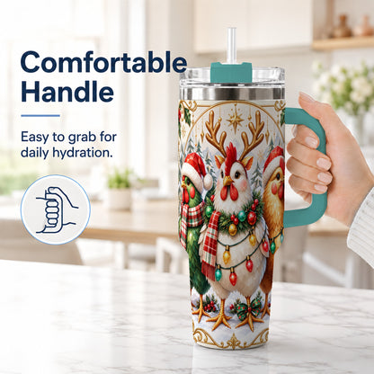 #pl[40oz|Green] Christmas Chickens 40oz Tumbler with Handle, Reindeer Farmhouse Art