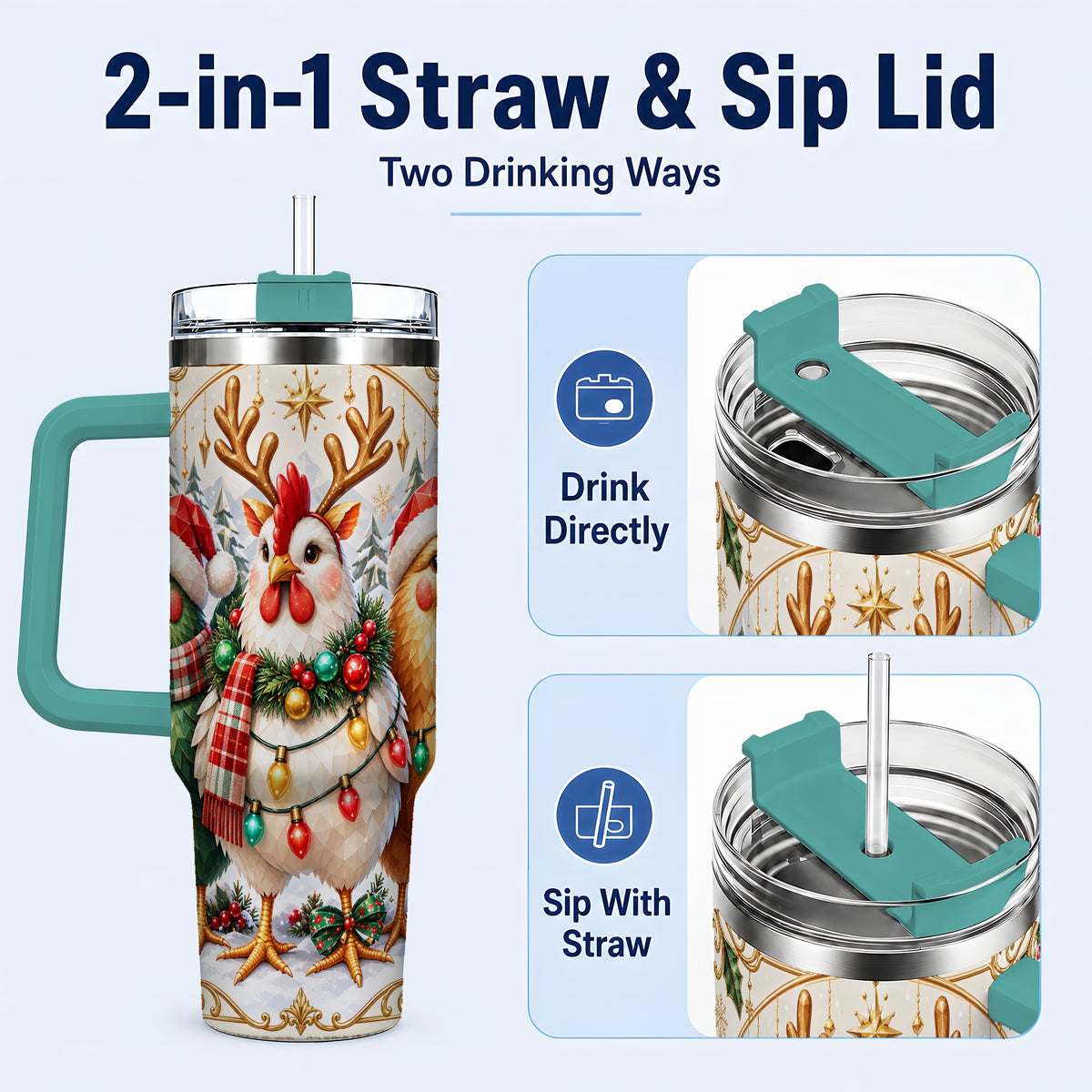 #pl[40oz|Green] Christmas Chickens 40oz Tumbler with Handle, Reindeer Farmhouse Art