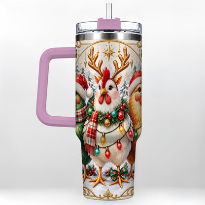 #pl[40oz|Pink] Christmas Chickens 40oz Tumbler with Handle, Reindeer Farmhouse Art