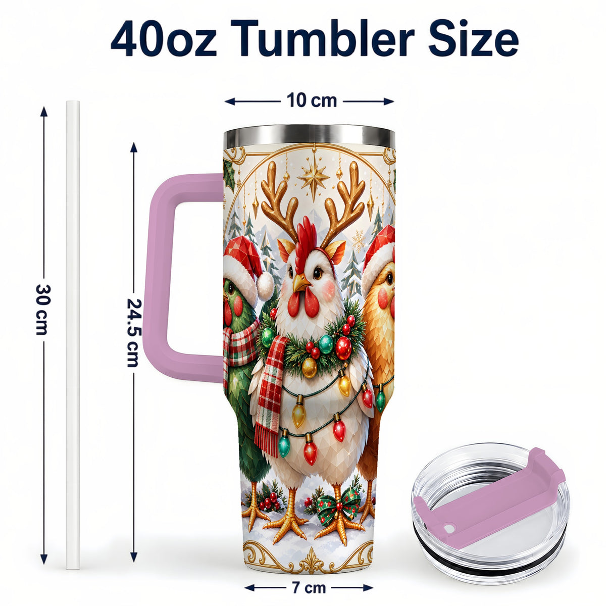 #pl[40oz|Pink] Christmas Chickens 40oz Tumbler with Handle, Reindeer Farmhouse Art