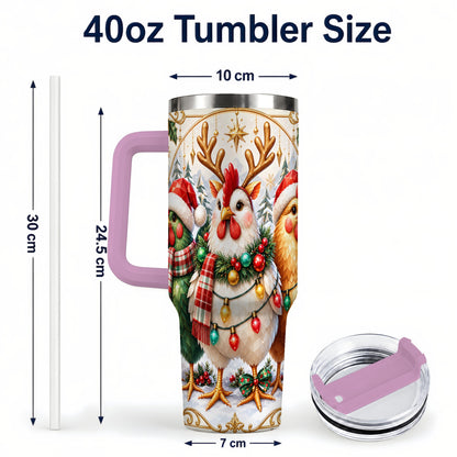 #pl[40oz|Pink] Christmas Chickens 40oz Tumbler with Handle, Reindeer Farmhouse Art