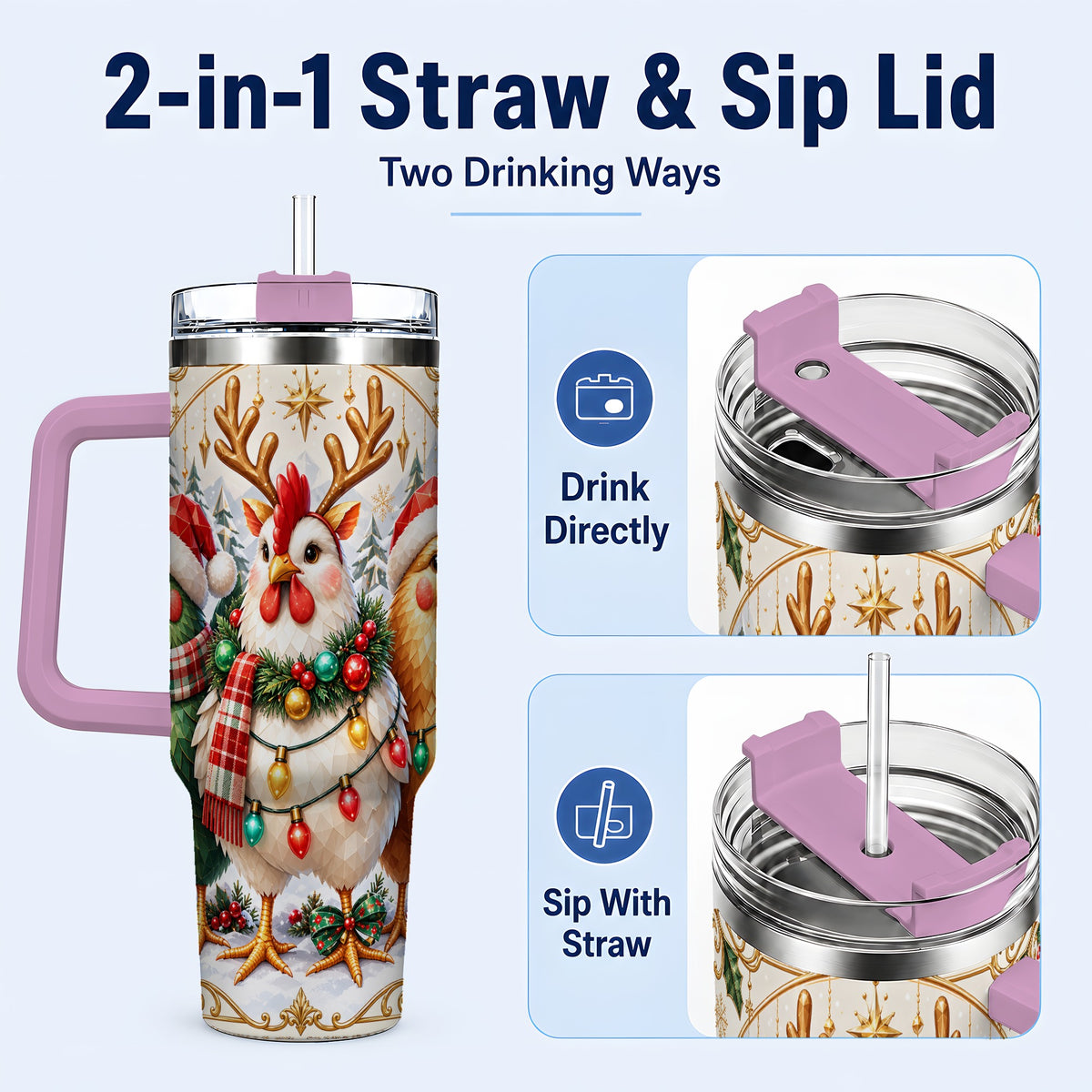 #pl[40oz|Pink] Christmas Chickens 40oz Tumbler with Handle, Reindeer Farmhouse Art