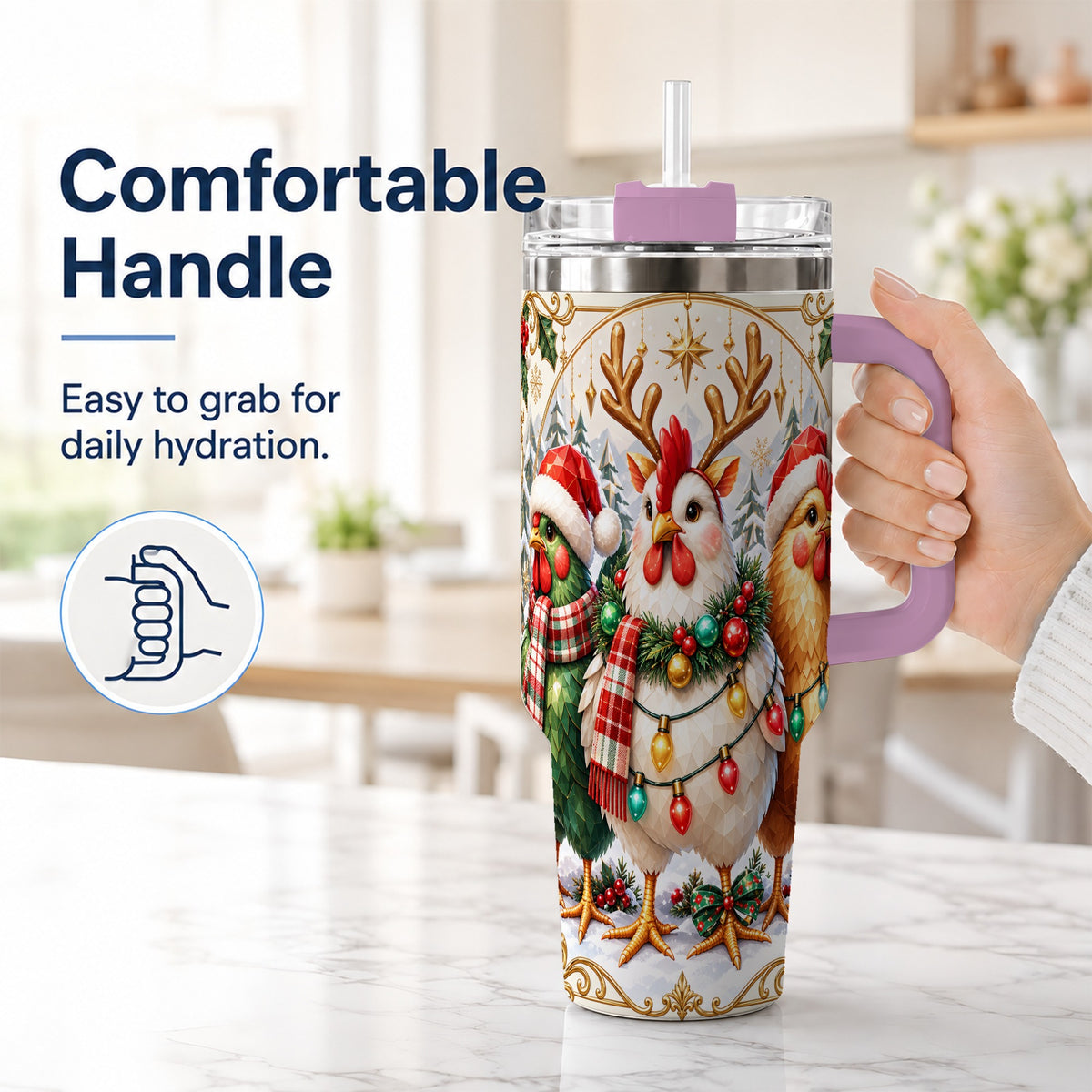 #pl[40oz|Pink] Christmas Chickens 40oz Tumbler with Handle, Reindeer Farmhouse Art