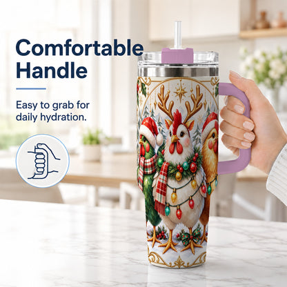#pl[40oz|Pink] Christmas Chickens 40oz Tumbler with Handle, Reindeer Farmhouse Art