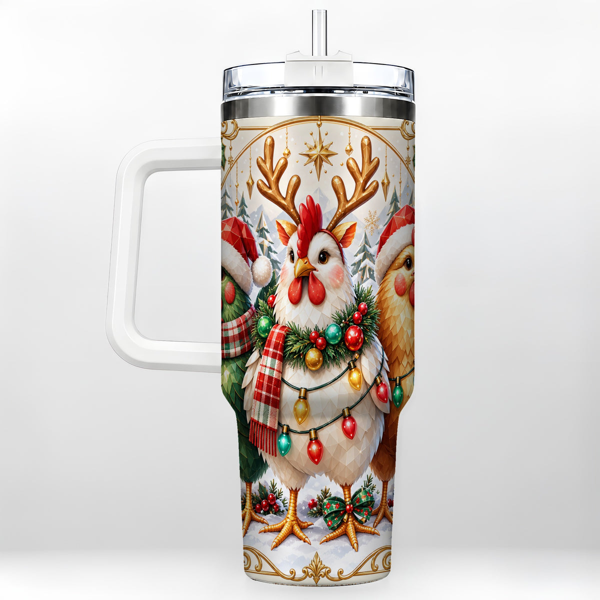 Christmas Chickens 40oz Tumbler with Handle, Reindeer Farmhouse Art