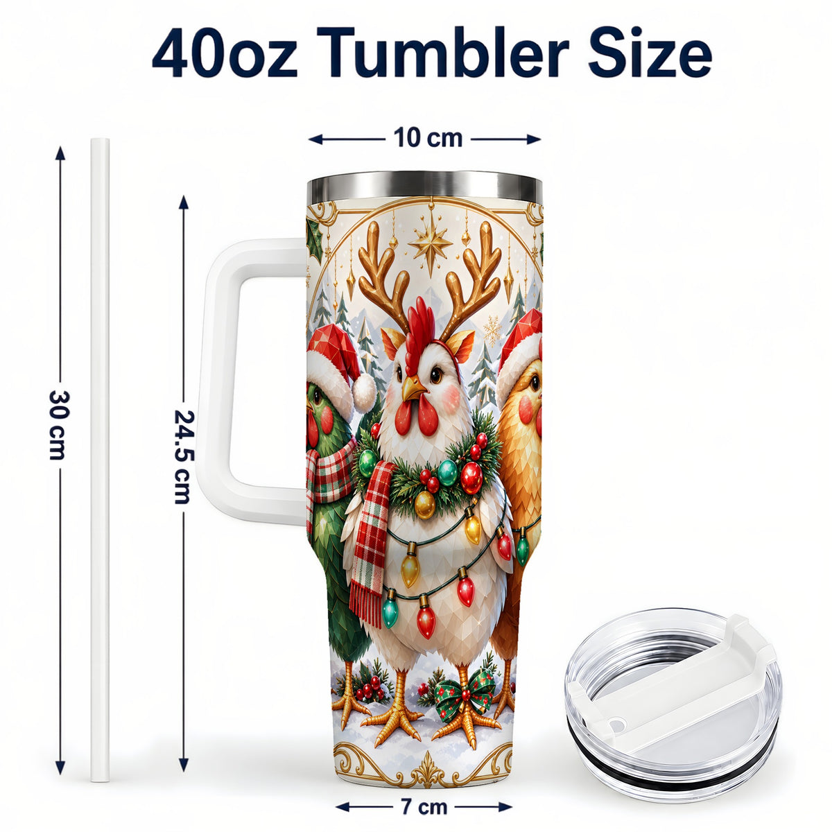 #pl[40oz|White] Christmas Chickens 40oz Tumbler with Handle, Reindeer Farmhouse Art