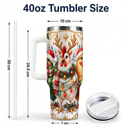 #pl[40oz|White] Christmas Chickens 40oz Tumbler with Handle, Reindeer Farmhouse Art