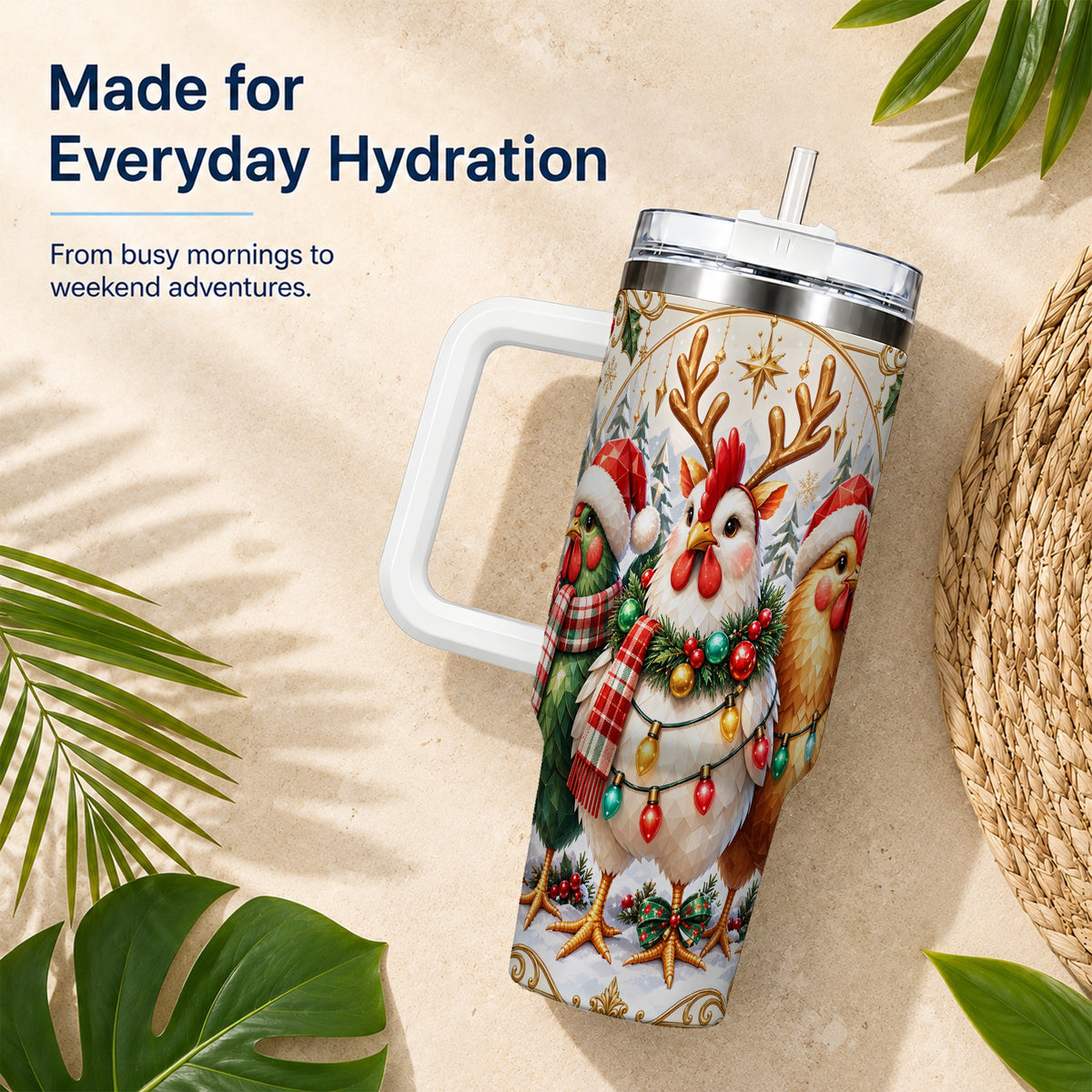 Christmas Chickens 40oz Tumbler with Handle, Reindeer Farmhouse Art
