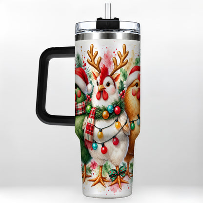 #pl[40oz|Black] Watercolor Christmas Chickens 40oz Tumbler with Handle, Reindeer Hens
