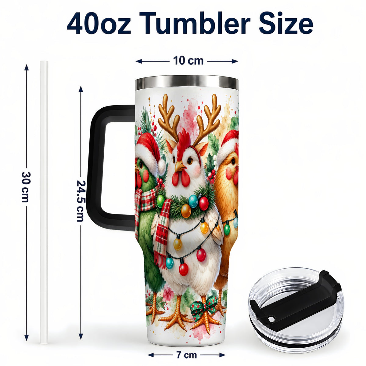 #pl[40oz|Black] Watercolor Christmas Chickens 40oz Tumbler with Handle, Reindeer Hens