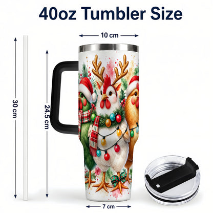 #pl[40oz|Black] Watercolor Christmas Chickens 40oz Tumbler with Handle, Reindeer Hens